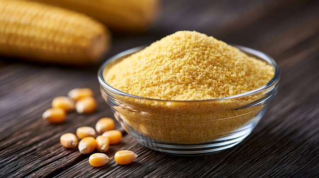 A glass bowl filled with yellow cornmeal sits on a rustic dark wooden table with corn kernels. Ideal for cooking, healthy nutrition, and baking concepts.