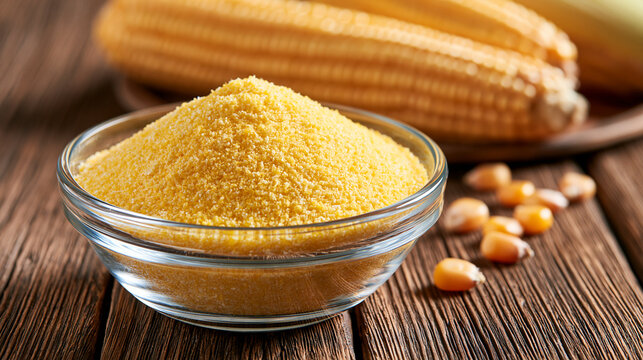 Cornmeal flour in a glass bowl with corn cobs on a rustic wooden table. Excellent ingredient for healthy food recipes and organic kitchen concepts.