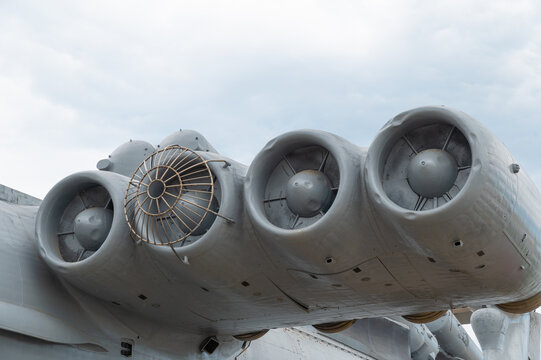 Row of large aircraft engines show robust industrial design clearly