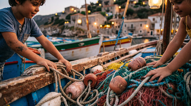 Escena autentica de ni&ntilde;os jugando cerca de barcos pesqueros