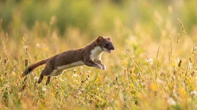 Agile Weasel Stoat Ermine running through tall golden meadow grass, a wild predator hunting in natural habitat for wildlife blogs, nature documentaries, and conservation websites