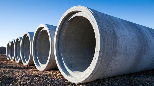 Large concrete pipes lined up in a row at an outdoor construction site. Suitable for infrastructure development and civil engineering industry concepts.
