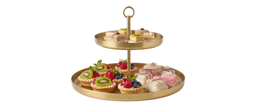 French Pastry Afternoon Tea Stand with Fruit Tarts and Petit Fours on Brass Cake Tier, Gourmet Mini Desserts Displayed for High Tea Party, Elegant Sweet Food Catering Isolated on Black Background