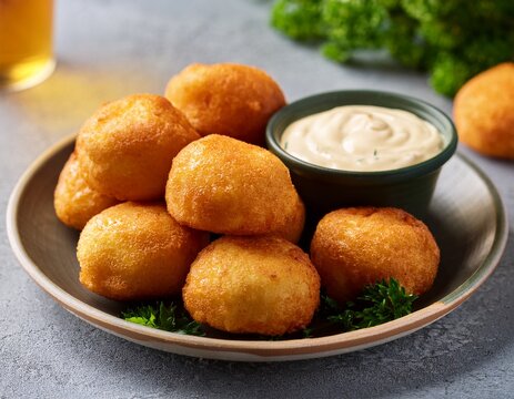 a plate of golden brown hush puppies served with a creamy dipping sauce