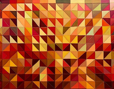 geometric painting with golden brown and red triangles arranged in squares creating a warm abstract mosaic pattern