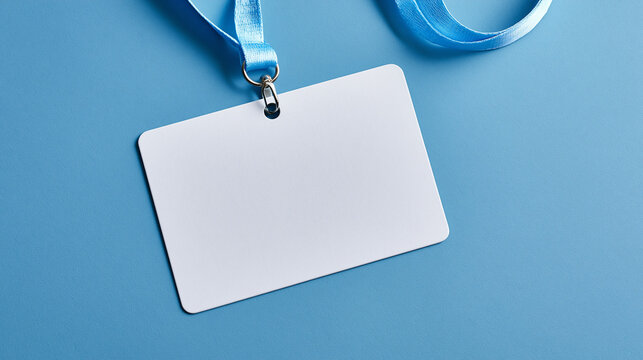 A blank white ID badge hangs on a blue lanyard against a solid blue background. This professional template is ideal for corporate branding mockups.
