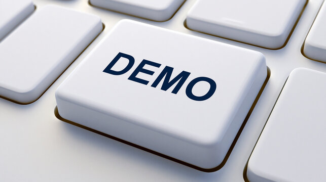 A close-up of a white keyboard key with the word DEMO printed on it. Professional technology concept for business software trials.