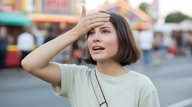 A young woman standing at a carnival with a surprised expression on her face while placing her hand to her forehead in a moment of sudden realization.