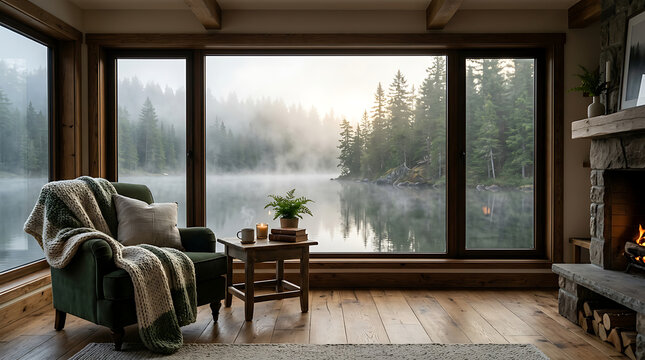 Cozy living room with fireplace and large window overlooking misty lake fireplace interior