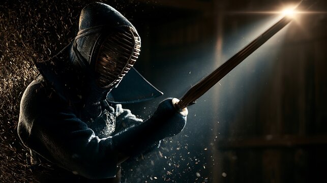 60. A professional photography of a Kendo martial artist executing a overhead sword strike. Splinters of bamboo flying from the shinai weapon, dust motes caught in a sharp light ray piercing 