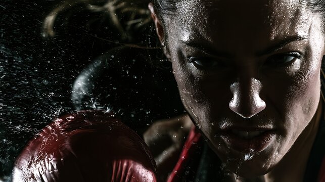 58. An intense combat sports photography of a female boxer taking a punch to the jaw. Dramatic sweat spray and mouthguard saliva ejected in high-speed slow motion, flash lighting capturing the 