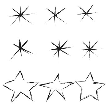 Black hand drawn grunge ink brush star set burst asterisk shapes isolated on white background vector illustration