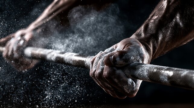 63. An intense close-up of a weightlifter&rsquo;s hands heavily coated in white chalk gripping the knurled steel barbell. Chalk dust cloud exploding into the air as he pulls, extreme forearm vascularity, 