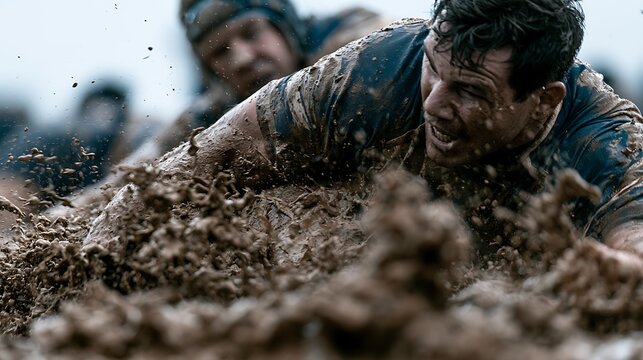 65. A gritty rugby action shot of a player being tackled into a mud puddle. A violent splash of brown muddy water, faces caked in dirt, jersey fabric torn and stretching, raw physical power 