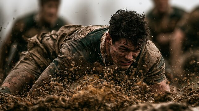 65. A gritty rugby action shot of a player being tackled into a mud puddle. A violent splash of brown muddy water, faces caked in dirt, jersey fabric torn and stretching, raw physical power 