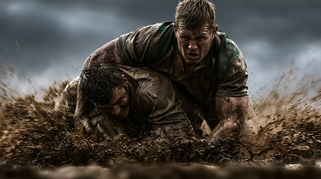 65. A gritty rugby action shot of a player being tackled into a mud puddle. A violent splash of brown muddy water, faces caked in dirt, jersey fabric torn and stretching, raw physical power 