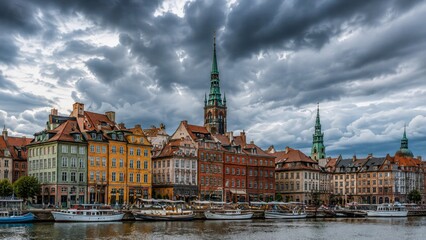 Fototapeta premium Panoramic medieval coastal town with historic towers under stormy skies at dusk