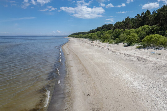 Drone view of beach in Jaunkemeri area of Jurmala city on a Baltic Coast, Latvia
