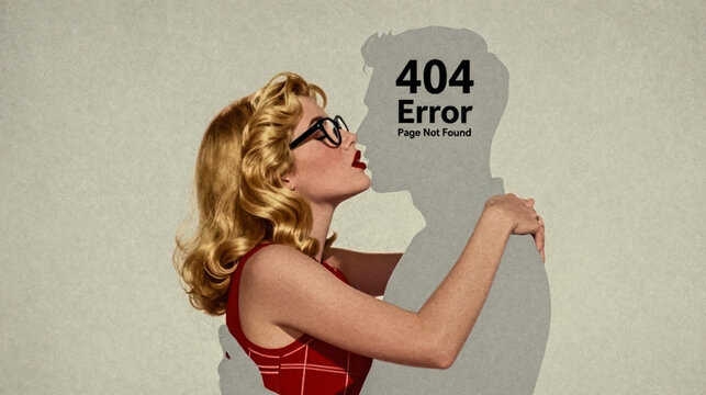 Vintage pinup woman hugging 404 error silhouette. Retro blonde girl embracing page not found shadow. Creative web design concept.