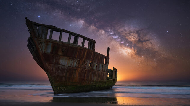 Rusty shipwreck on a sandy beach under the Milky Way. Abandoned wooden boat at night. Galactic stars over a coastal wreck.