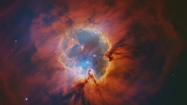 Vibrant cosmic nebula with glowing orange gas clouds. Deep space galaxy background with bright stars. Celestial astronomy wallpaper.