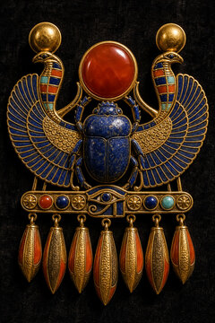 Ancient Egyptian scarab pectoral jewelry, ornate gold winged beetle pendant with lapis lazuli and carnelian, mystical pharaonic amulet