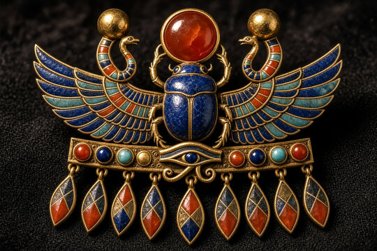 Ancient Egyptian scarab brooch with lapis lazuli and gold. Ornate winged beetle jewelry with Eye of Horus. Antique pharaonic pectoral ornament.