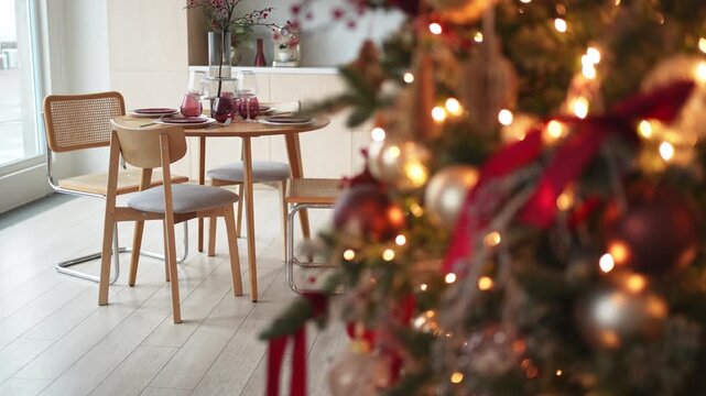 Classical Christmas decorated interior kitchen. Modern classic style interior design apartment dining room and Christmas tree with red golden ornament decorations. Christmas eve at home