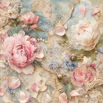 Shabby Chic Peony Collage with Vintage Ephemera