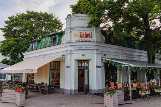 Jurmala, Latvia - June 22, 2026: Kaheti Georgian restaurant on Jomas Street in Majori area, Jurmala
