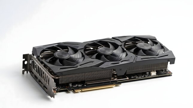 Powerful high performance graphics card featuring three cooling fans and metal heatsink components isolated on a clean white studio background