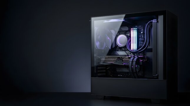Powerful gaming computer tower featuring internal neon purple led lights and a high performance cooling system set against black background