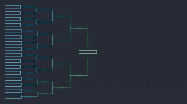 Glowing tournament bracket graphic with neon blue and green lines displayed against dark background for competitive sports championship game data