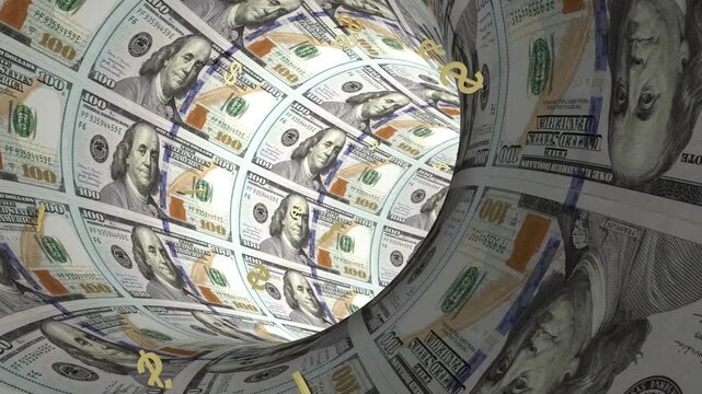 Infinite loop of moving through a tunnel made of united states dollar banknotes