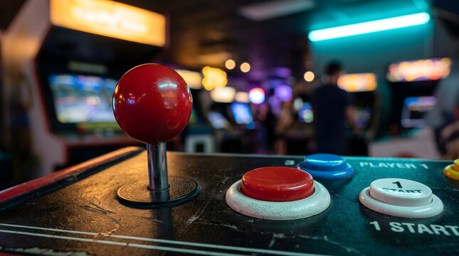 Vibrant red joystick and colorful control buttons on a retro arcade machine inside a dimly lit gaming center at night