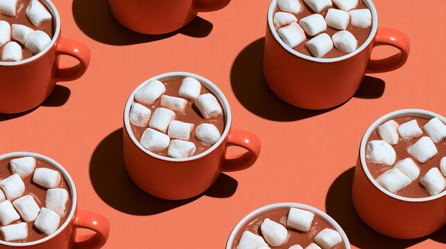 Cocoa in mugs warms us, with bright marshmallows floating, seen from the side.