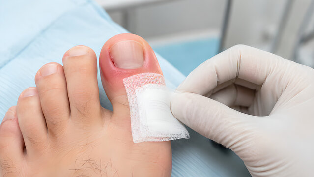 Ingrown Toenail With Early Paronychia Clinical Procedure Photo Showing Inflamed Nail Fold Treatment by Gloved Healthcare Professional for Medical Education, Podiatry and Patient Communication