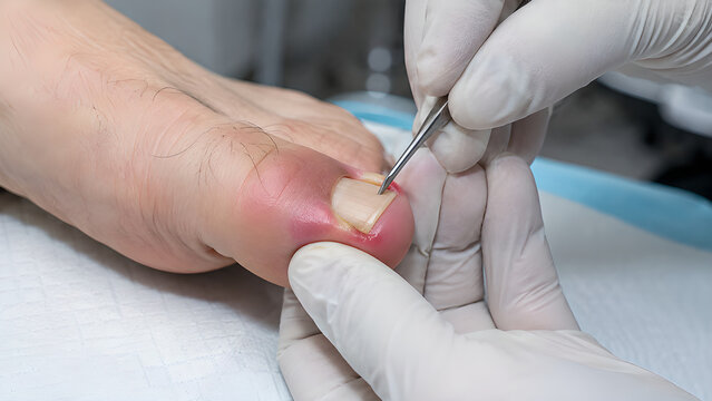 Ingrown Toenail With Early Paronychia Clinical Procedure Photo Showing Inflamed Nail Fold Treatment by Gloved Healthcare Professional for Medical Education, Podiatry and Patient Communication