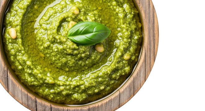 Bowl of fresh green pesto sauce isolated on white background