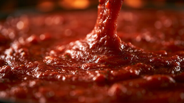 Rich Homemade Red Tomato Sauce Cooking Close Up