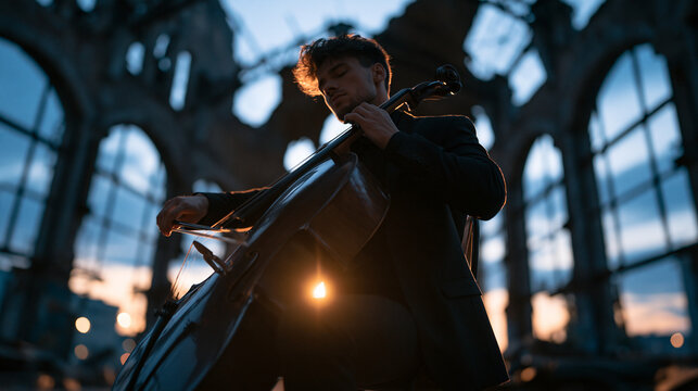Cellist Playing Cello in Ruined Building at Sunset