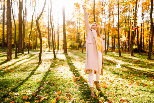 Smiling woman in coat sits in clearing in park surrounded by fallen leaves at sunset. Woman tosses bright yellow leaves into the air, enjoying the outdoors. Concepts of fun and enjoyment.