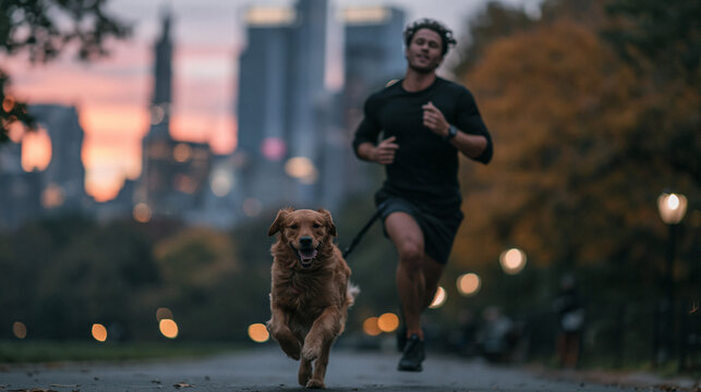 Man Jogging with Golden Retriever Dog in Urban Park