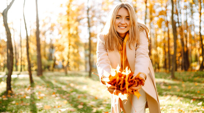 Smiling woman in coat sits in clearing in park surrounded by fallen leaves at sunset. Woman tosses bright yellow leaves into the air, enjoying the outdoors. Concepts of fun and enjoyment.