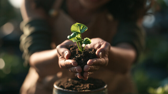 Hands Holding Young Plant Sprout with Soil for Gardening
