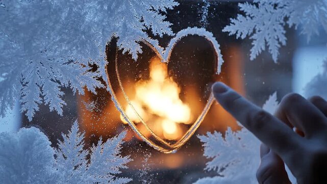Unrecognizable person in a romantic mood drawing a heart on a frozen window against a glowing fireplace background with copy space