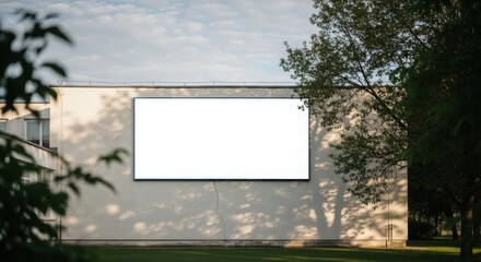 Fototapeta premium A blank white billboard mounted on the side of a modern building, surrounded by green trees and casting long shadows.