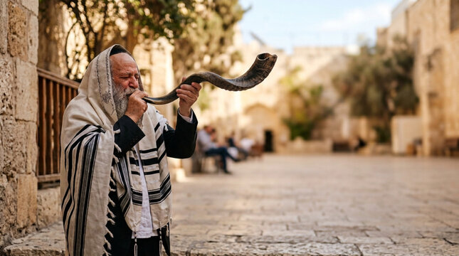 Elderly Jewish man wrapped in a tallit (prayer shawl) blowing a shofar (horn) in an old stone-paved street