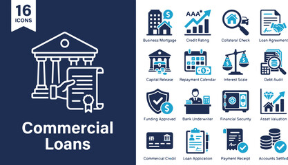 Fototapeta premium Commercial loans icon set includes vector symbols for financial services, banking agreements, credit ratings, and mortgage approvals.