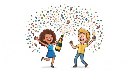 Fototapeta premium Two happy people celebrating with champagne and confetti